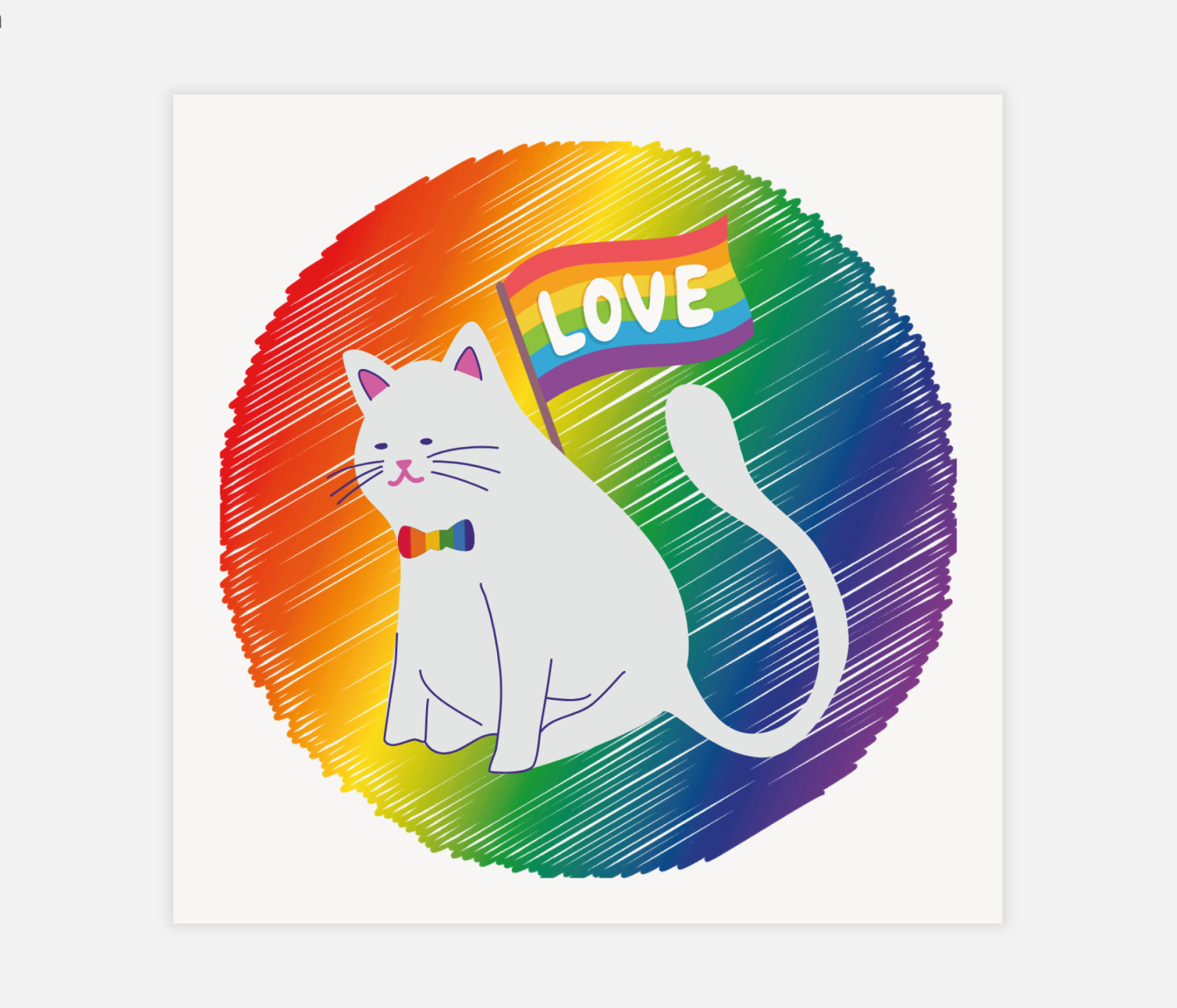 Sticker mit weißer Katze, Regenbogenfliege und Pride-Flagge mit der Aufschrift „LOVE“ auf farbigem Regenbogenhintergrund – Symbol für Vielfalt, Liebe und Akzeptanz.