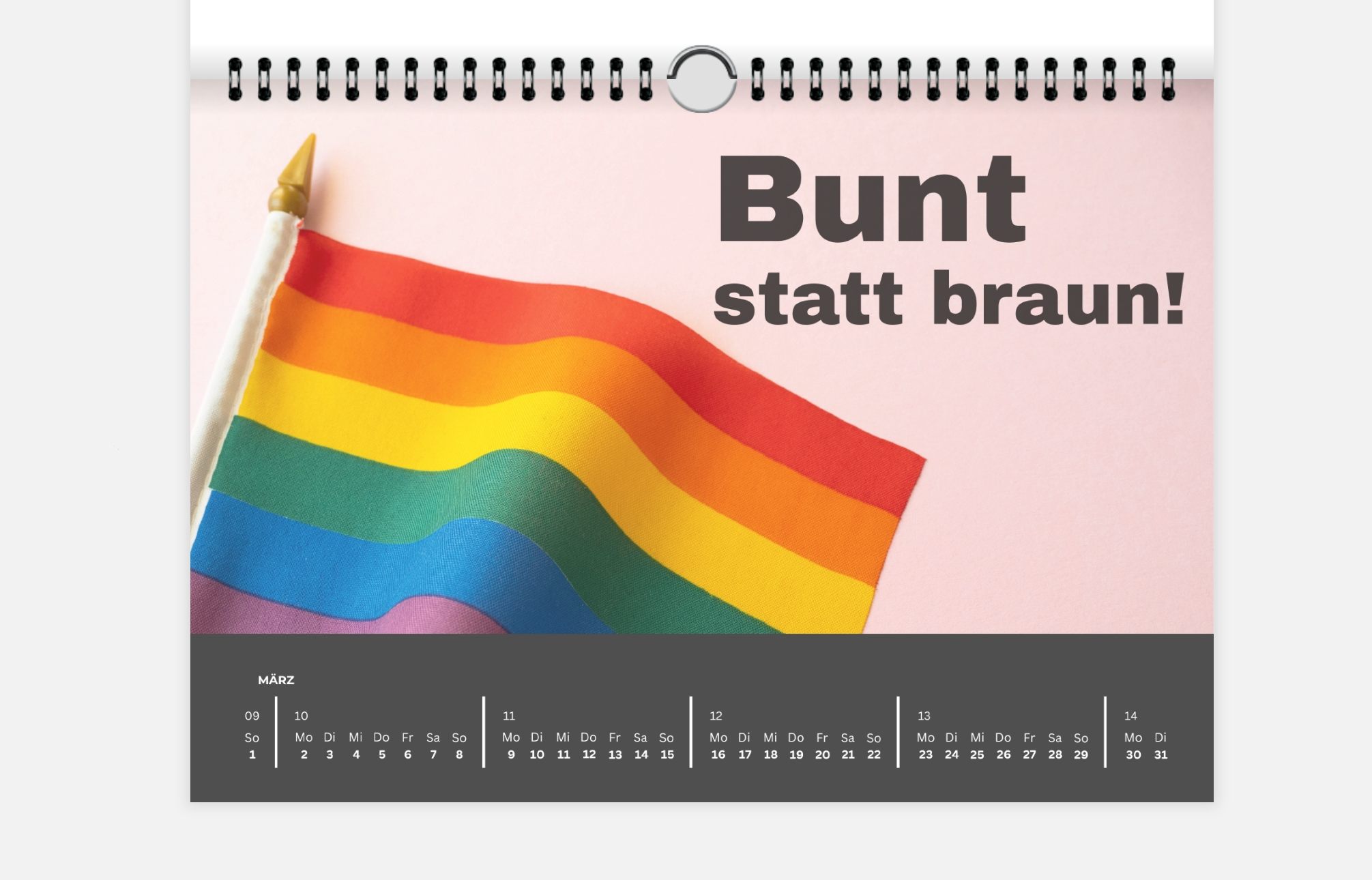 Bunter Kalender 2026 März – Regenbogenflagge mit Spruch „Bunt statt braun“, Kalenderblatt für Vielfalt, Gleichberechtigung und Antidiskriminierung.