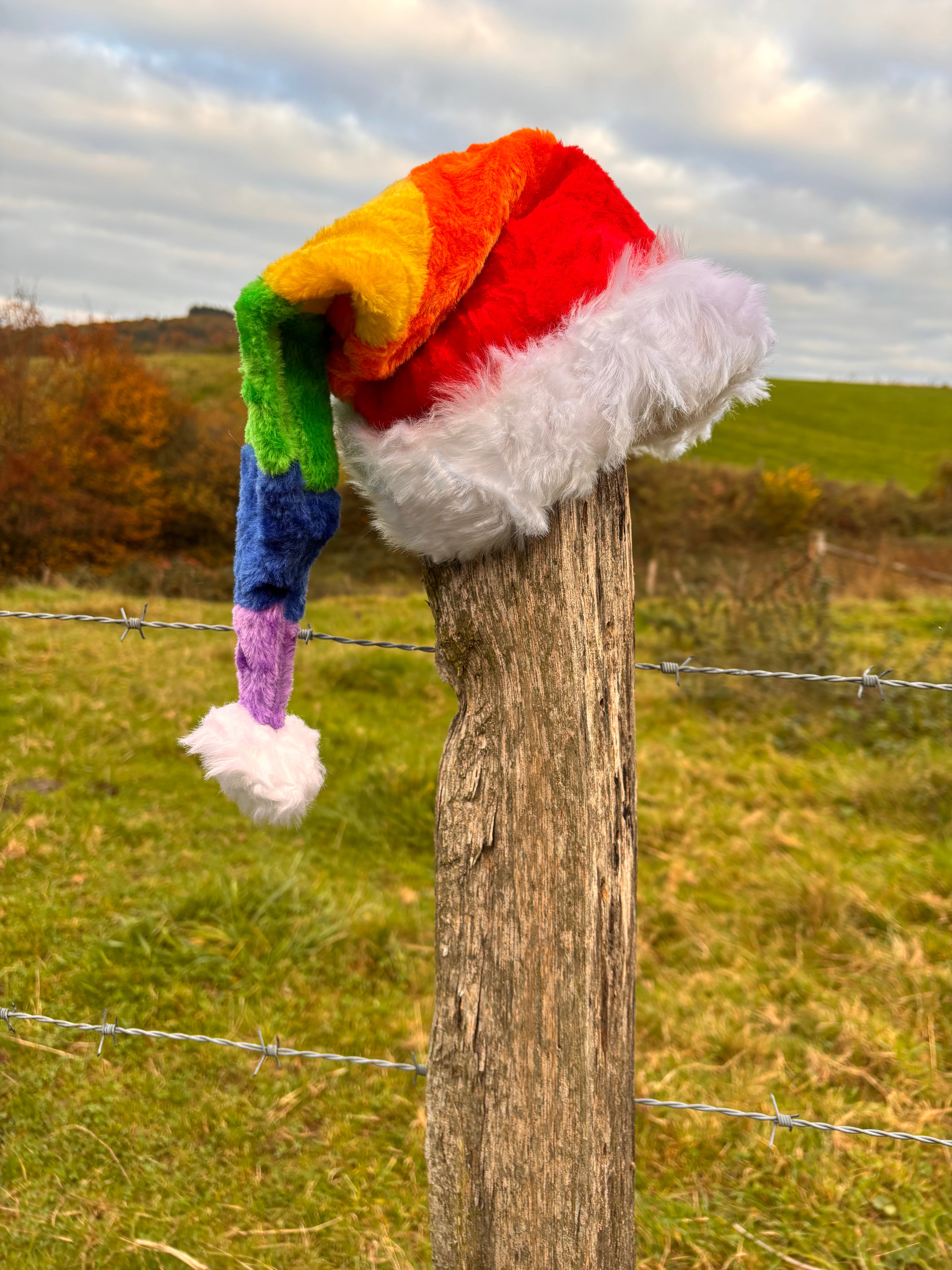 Regenbogenfarbene Weihnachtsmütze für Erwachsene aus flauschigem Plüsch, mit weißem Rand und Bommel – symbolisiert Liebe, Vielfalt und festliche Stimmung.