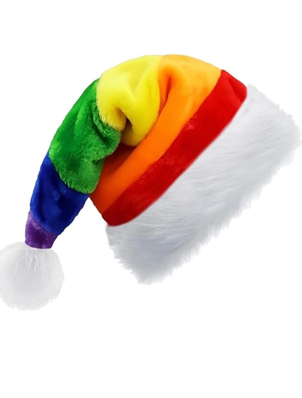 Flauschige Weihnachtsmütze in Regenbogenfarben mit weißem Rand und Bommel – festliches Accessoire für Erwachsene, symbolisiert Liebe und Vielfalt.
